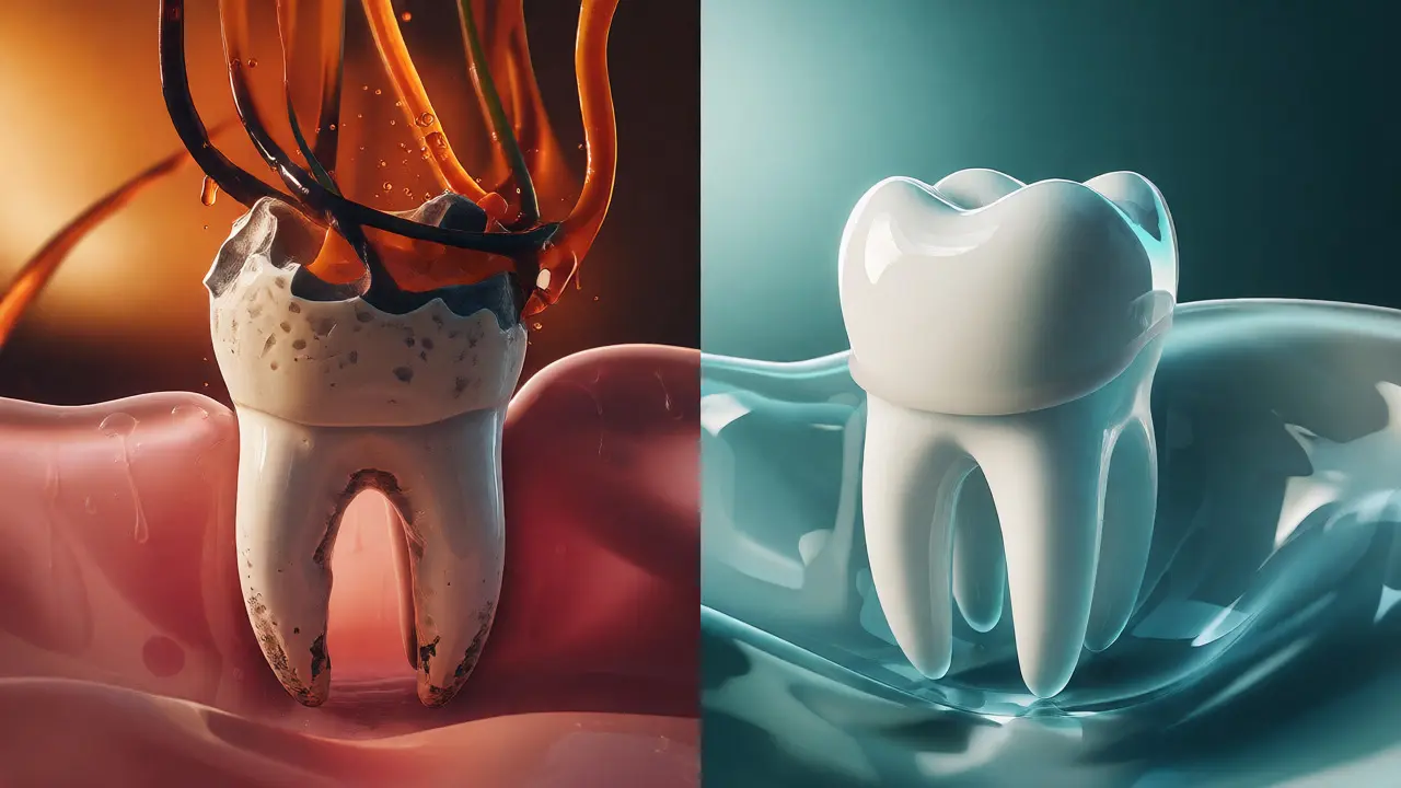 Konceptuální ilustrace boje mezi kyselinami a remineralizací zubů