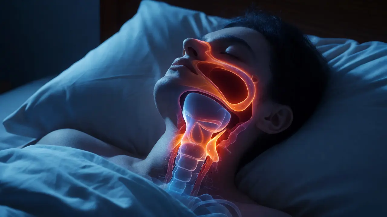 Konceptuální ilustrace spící osoby s vyznačeným zánětem měkkých tkání v krku