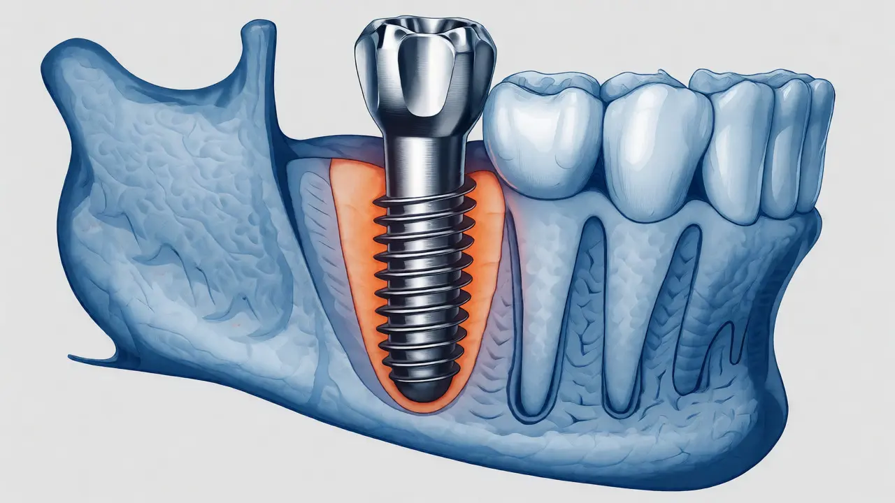 Lékařská ilustrace titánového implantátu srůstajícího s kostní tkání čelisti.