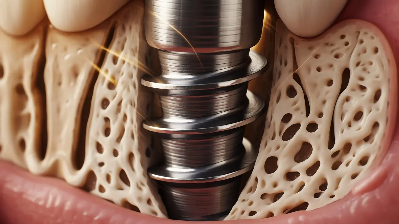 Makro pohled na titanový implantát s srůstající kostní tkání