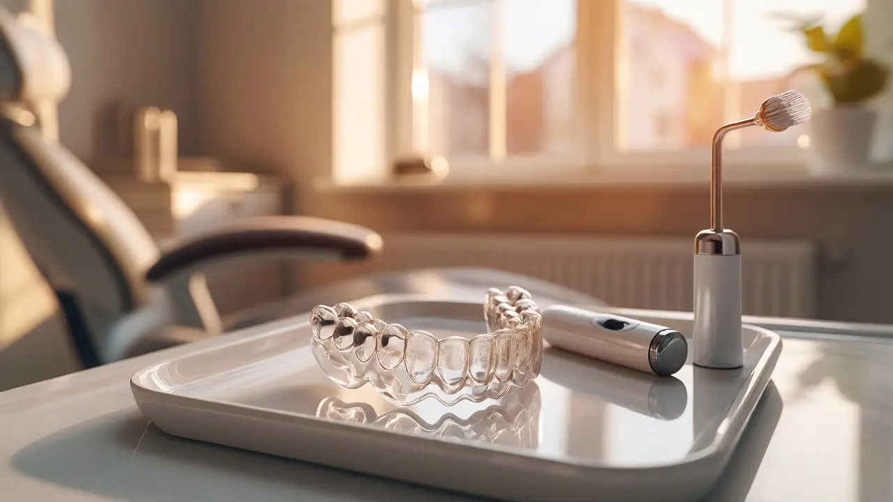 Noční dlahy a nástroje pro ústní hygienu na stole