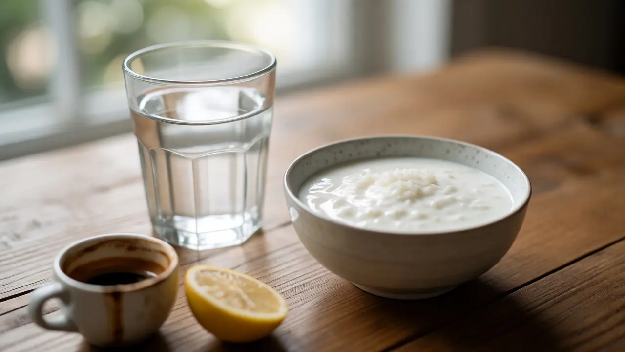 Sklenice vody a neutrální jídlo vedle kávy a citronu