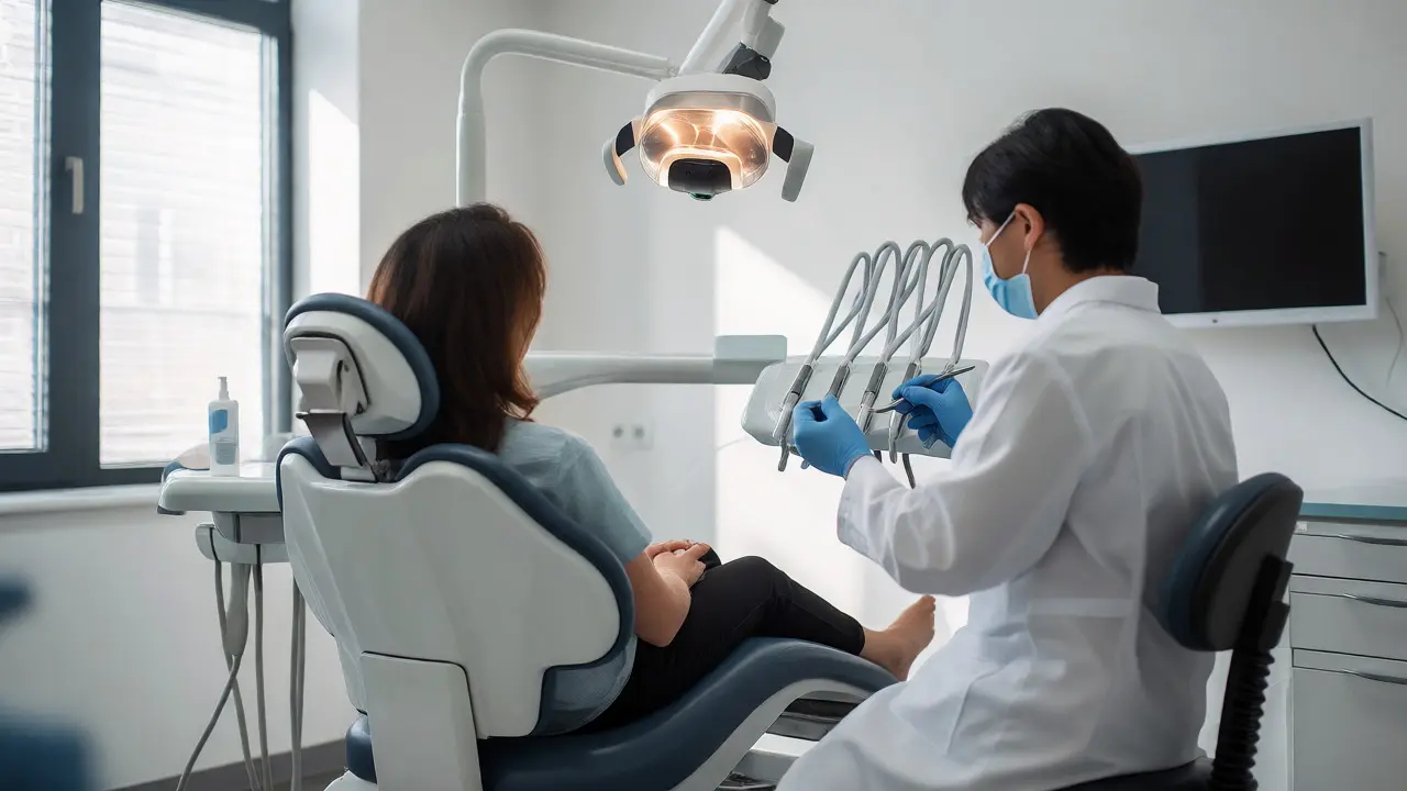 Stomatolog provádí kontrolu ústní hygieny v ordinaci