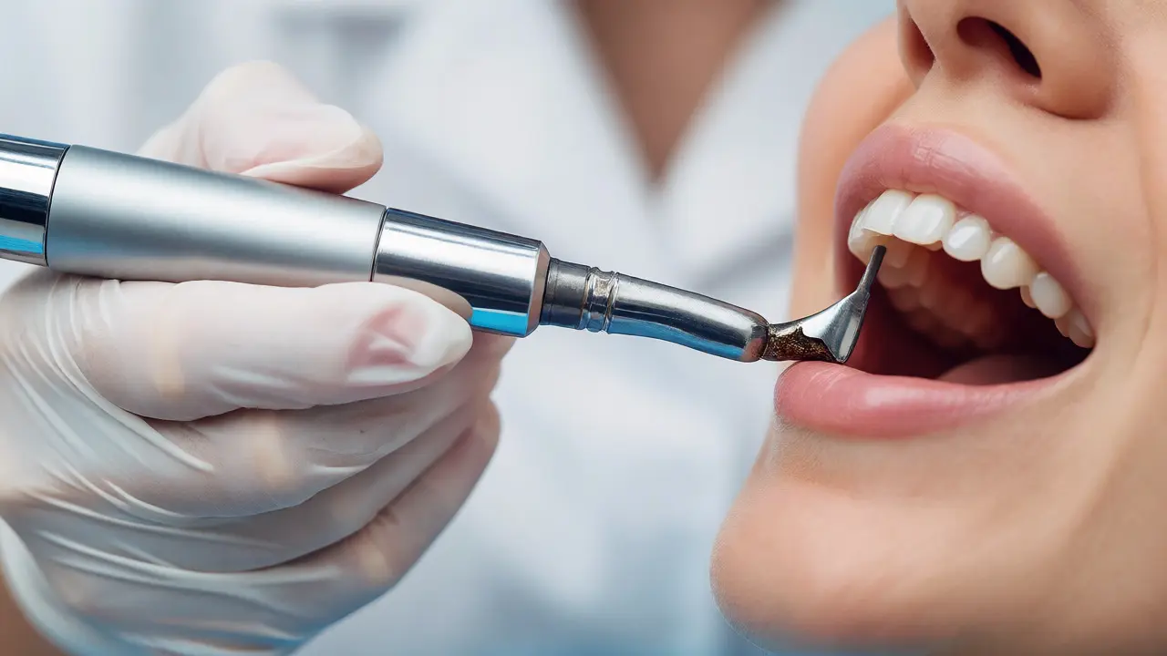Stomatologická hygiena odstraňující zubní kámen ultrazvukem v čisté ordinaci