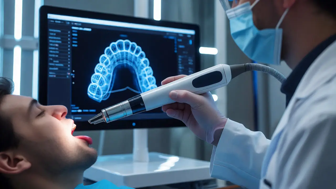 Zubní lékař používá 3D skener na digitální otisk zubů