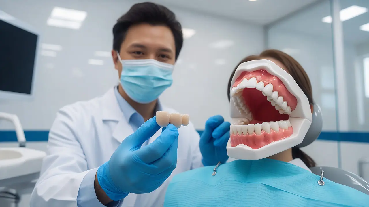 Zubní lékař v moderní ordinaci předvádí hotovou keramickou korunku na implantát.